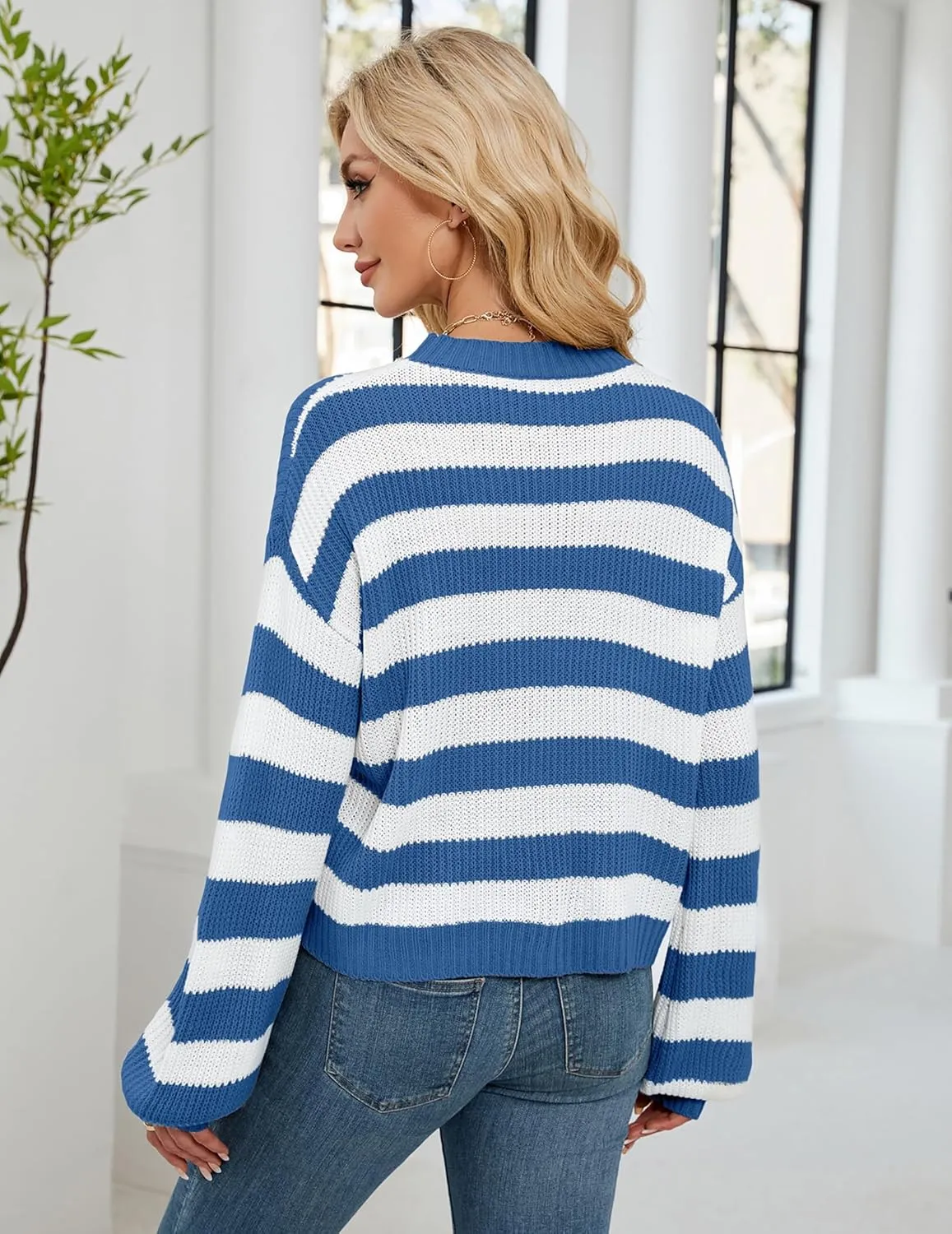 Womens Oversized Lightweight Cute Striped Cropped Sweater Spring 2025 Knitted Crew Neck Thin Crop Pullover Tops