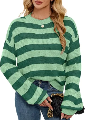 Womens Oversized Lightweight Cute Striped Cropped Sweater Spring 2025 Knitted Crew Neck Thin Crop Pullover Tops