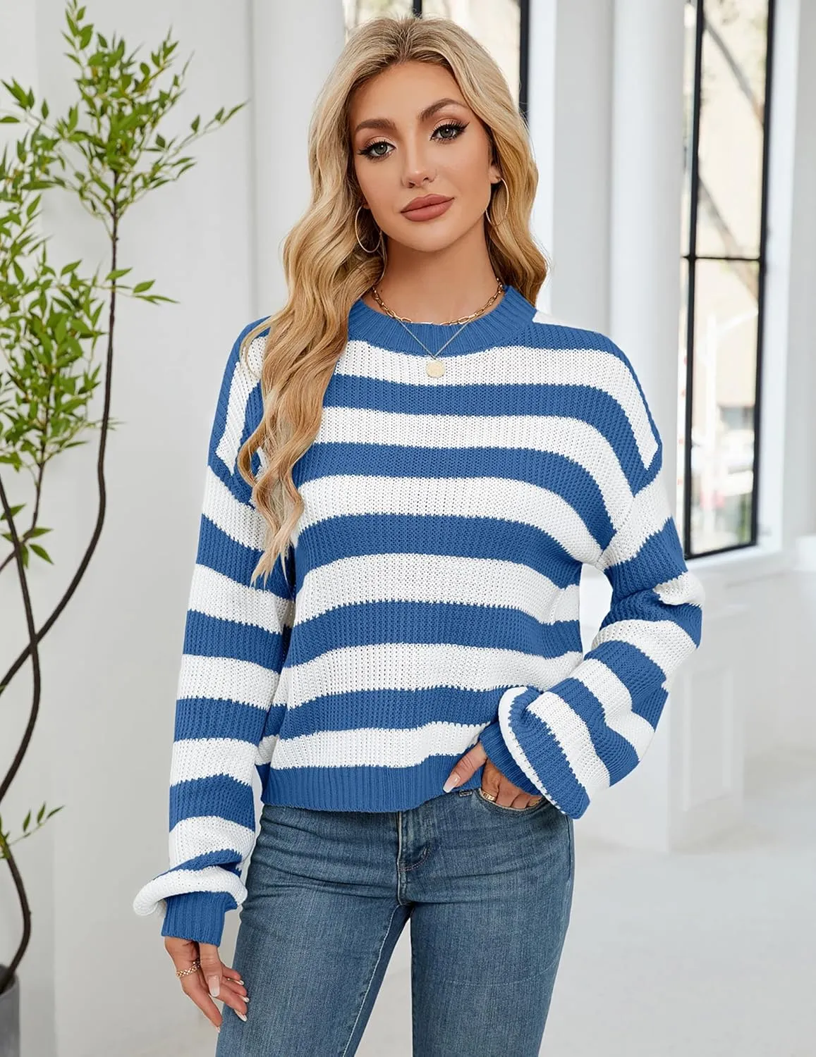 Womens Oversized Lightweight Cute Striped Cropped Sweater Spring 2025 Knitted Crew Neck Thin Crop Pullover Tops