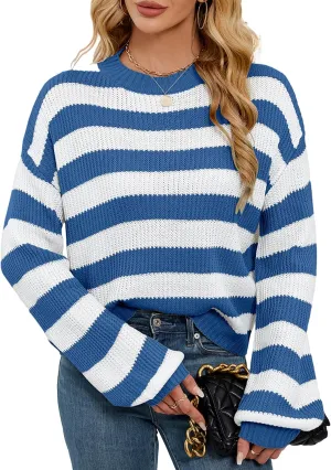 Womens Oversized Lightweight Cute Striped Cropped Sweater Spring 2025 Knitted Crew Neck Thin Crop Pullover Tops