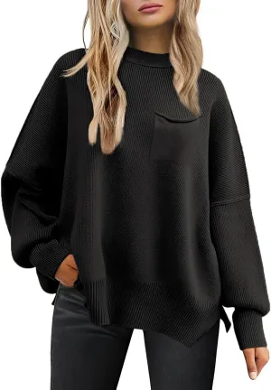 Women's Oversized Sweaters 2025 Crewneck Long Sleeve Ribbed Knit Batwing Pullover Tops