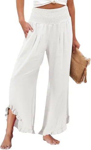 Women's Pants High Waisted Straight Leg Work,Womens Dress Sweatpants Petite, Linen Cotton Slit Baggy Waist