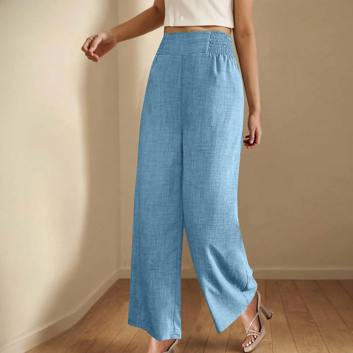 Womens Petite Wide Leg Pants Casual Summer Dress Pant High Waist Straight Trousers Joggers Slacks Outfits with Pockets