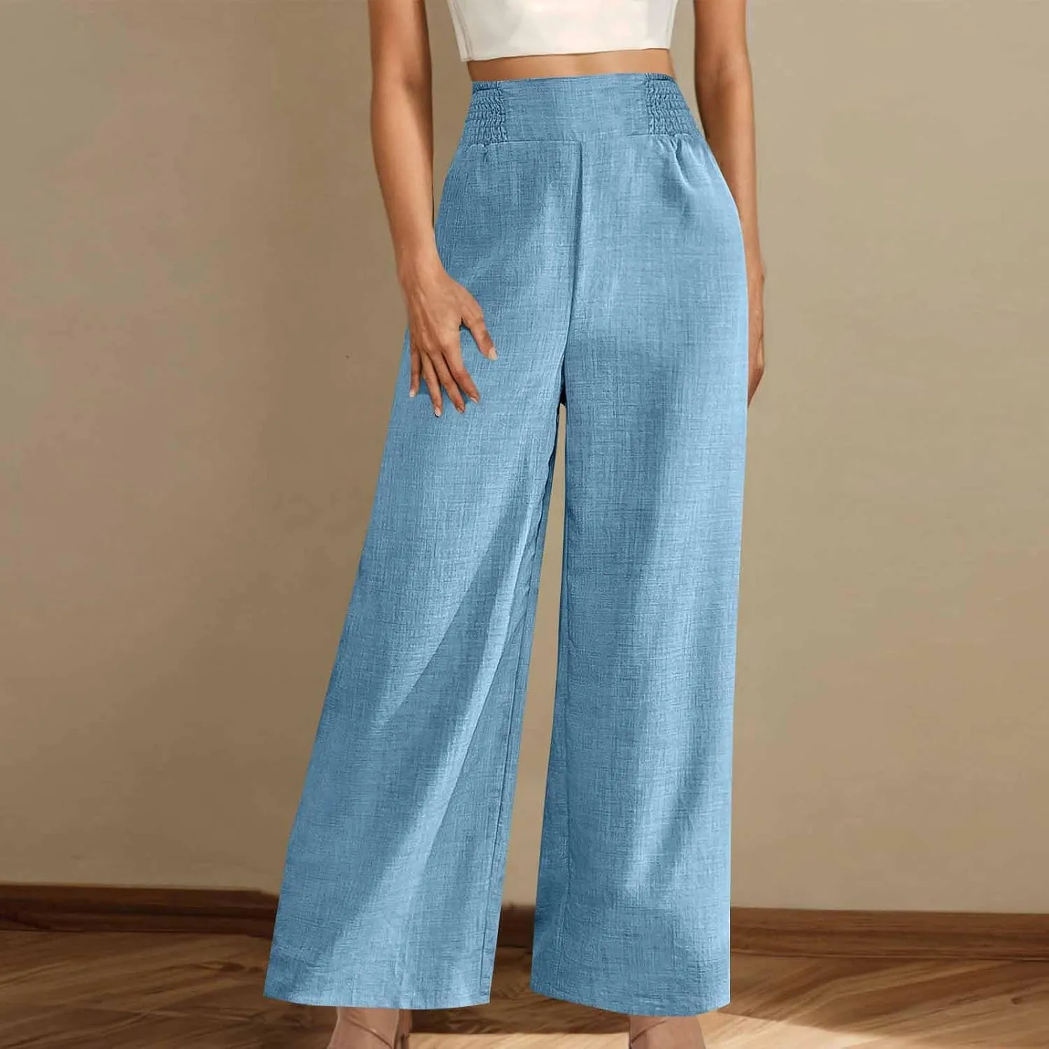 Womens Petite Wide Leg Pants Casual Summer Dress Pant High Waist Straight Trousers Joggers Slacks Outfits with Pockets