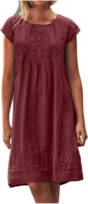 Women's Plus Size Cotton Linen Tiered Midi Dresses Short Sleeve Knee Length Shirred Dress Boho Loose Flowy Sundresses