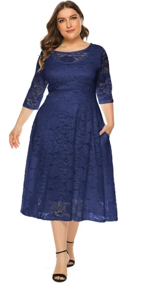 Women's Plus Size Lace Cocktail Dresses 3/4 Sleeve Vintage Floral Lace Party Midi Dress Wedding Guest Bridesmaid Prom Gown