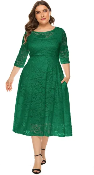 Women's Plus Size Lace Cocktail Dresses 3/4 Sleeve Vintage Floral Lace Party Midi Dress Wedding Guest Bridesmaid Prom Gown
