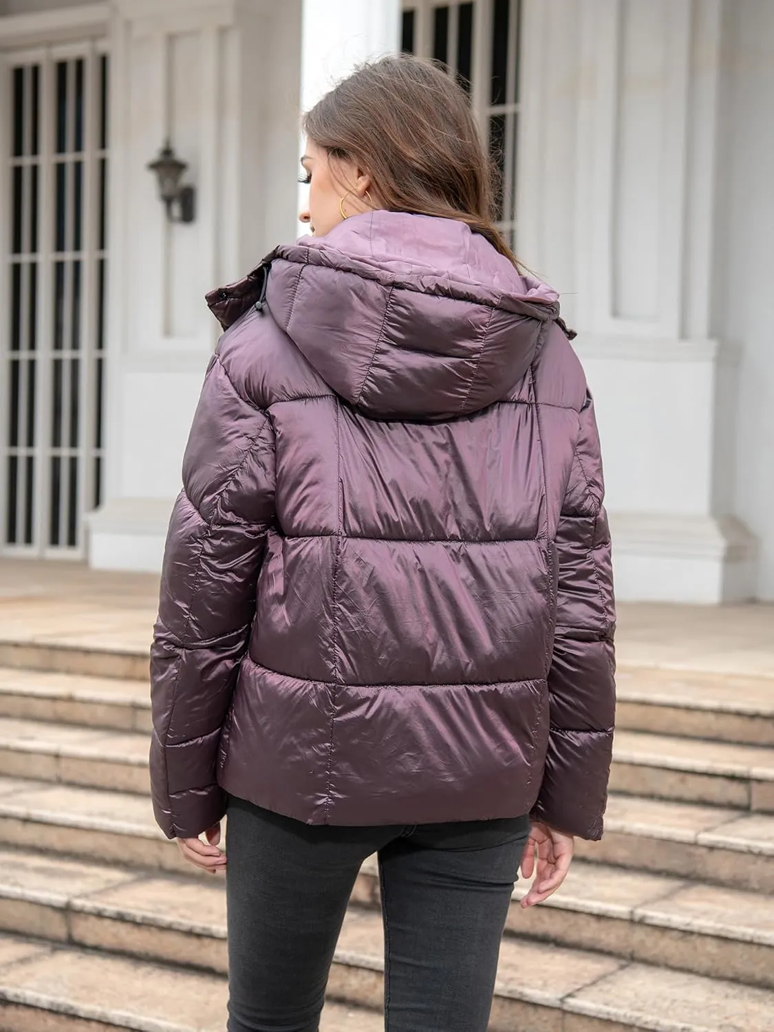 Women's Quilted Puffer Jacket Long Sleeve Full Zipper Winter Warm Padded Bubble Coat with Detachable Hood
