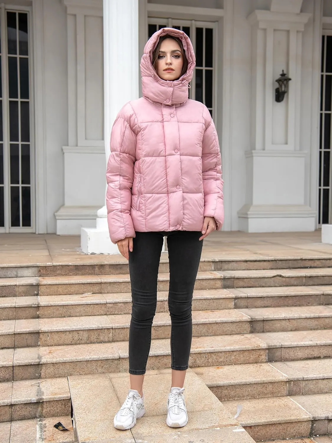 Women's Quilted Puffer Jacket Long Sleeve Full Zipper Winter Warm Padded Bubble Coat with Detachable Hood