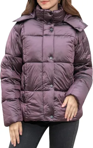 Women's Quilted Puffer Jacket Long Sleeve Full Zipper Winter Warm Padded Bubble Coat with Detachable Hood