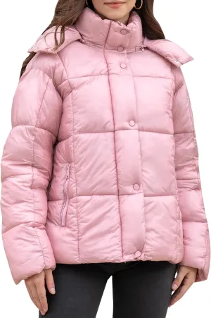 Women's Quilted Puffer Jacket Long Sleeve Full Zipper Winter Warm Padded Bubble Coat with Detachable Hood