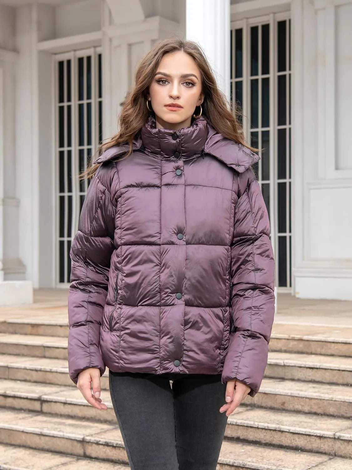 Women's Quilted Puffer Jacket Long Sleeve Full Zipper Winter Warm Padded Bubble Coat with Detachable Hood