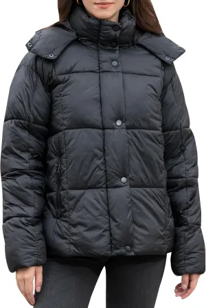 Women's Quilted Puffer Jacket Long Sleeve Full Zipper Winter Warm Padded Bubble Coat with Detachable Hood