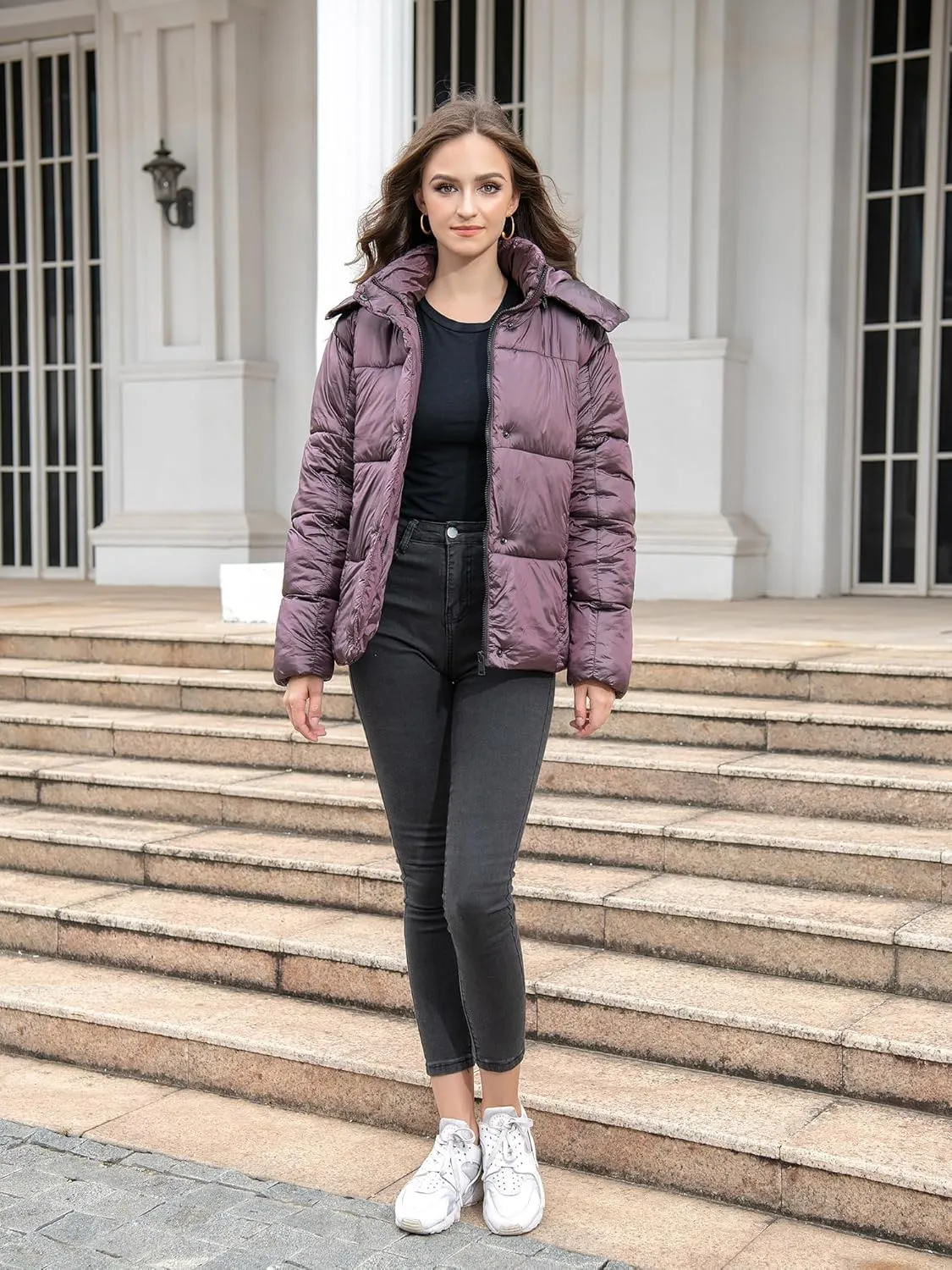 Women's Quilted Puffer Jacket Long Sleeve Full Zipper Winter Warm Padded Bubble Coat with Detachable Hood