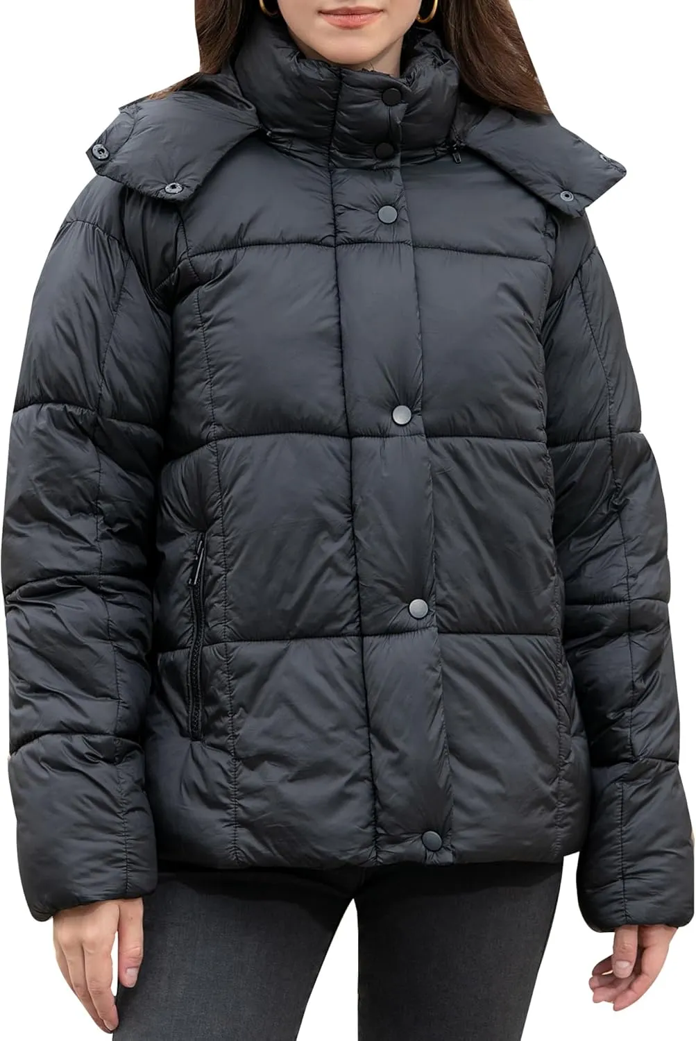 Women's Quilted Puffer Jacket Long Sleeve Full Zipper Winter Warm Padded Bubble Coat with Detachable Hood