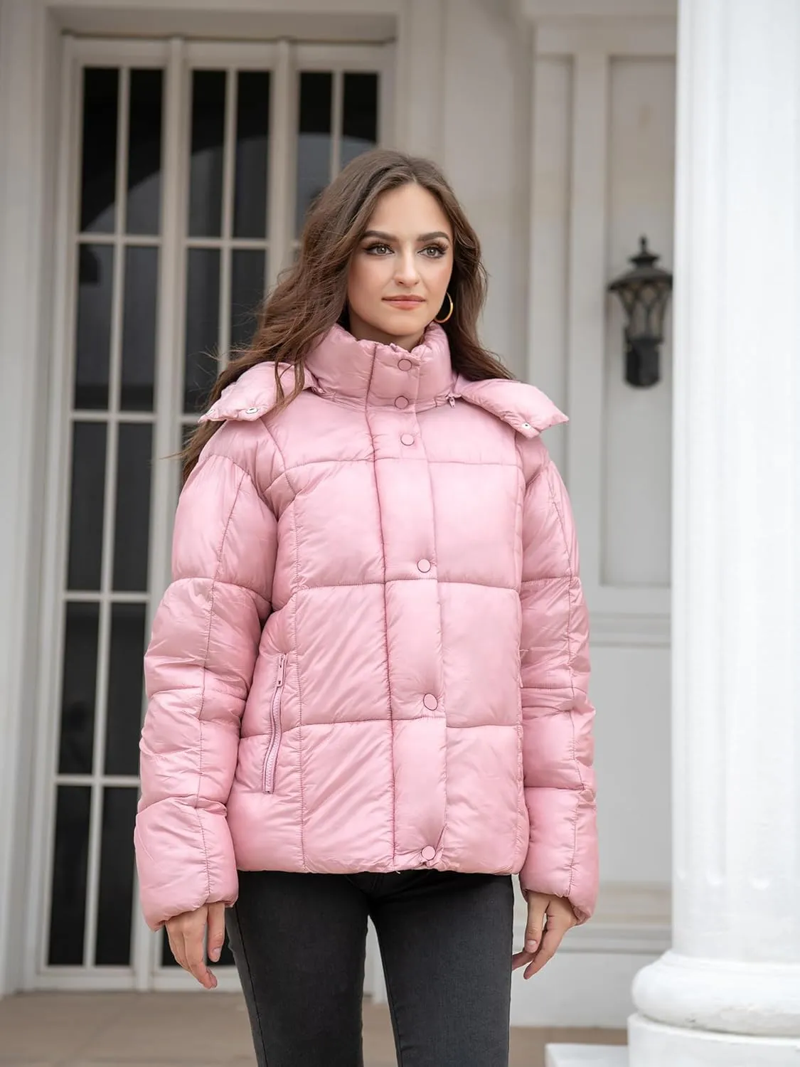 Women's Quilted Puffer Jacket Long Sleeve Full Zipper Winter Warm Padded Bubble Coat with Detachable Hood