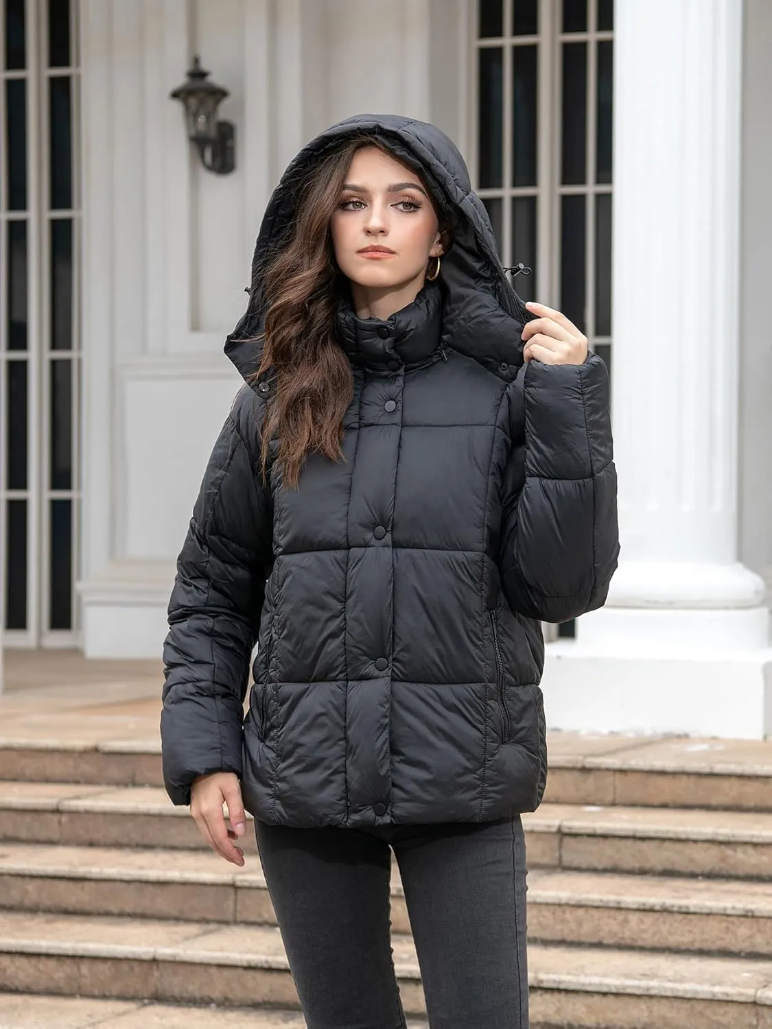 Women's Quilted Puffer Jacket Long Sleeve Full Zipper Winter Warm Padded Bubble Coat with Detachable Hood