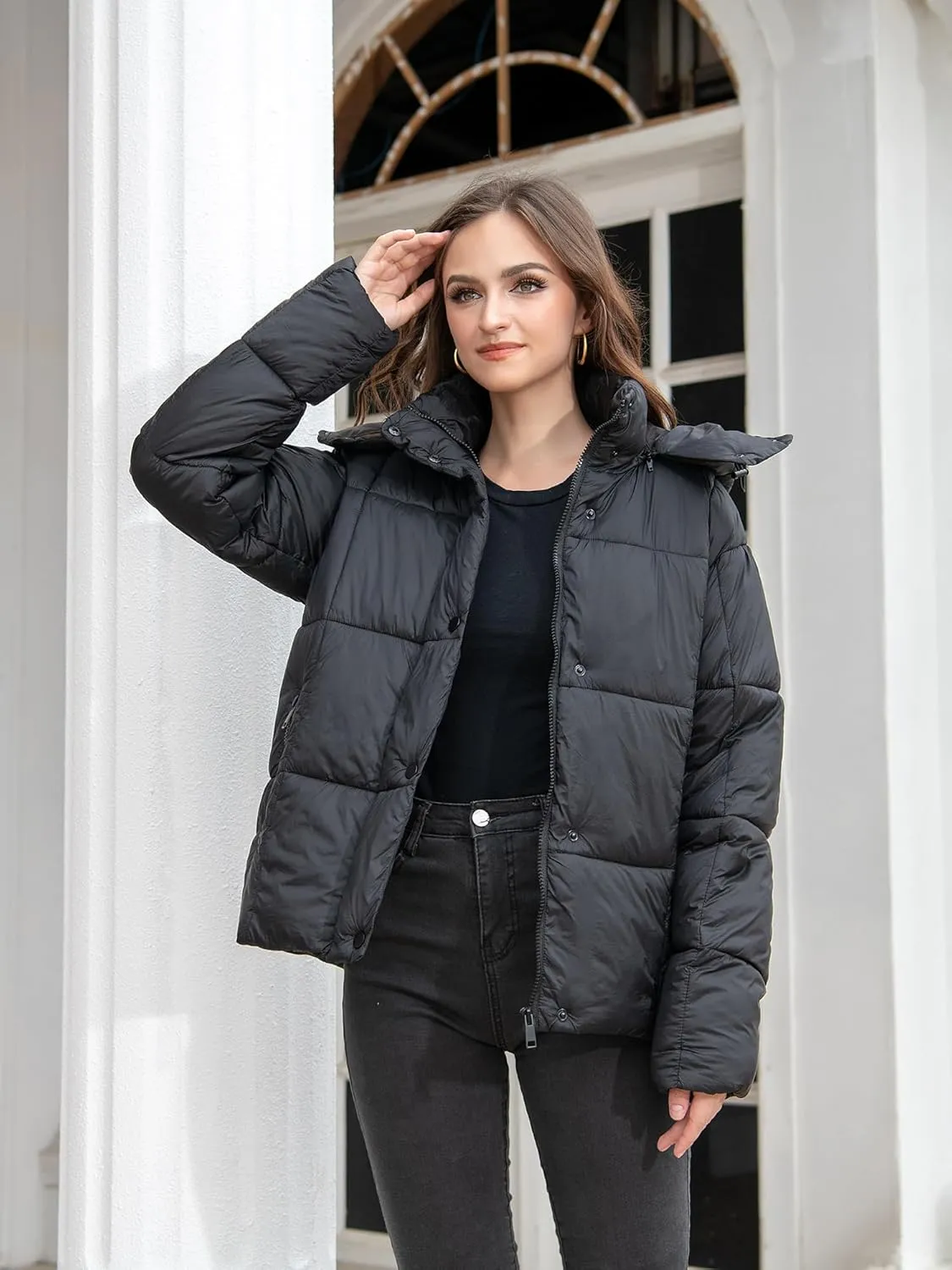 Women's Quilted Puffer Jacket Long Sleeve Full Zipper Winter Warm Padded Bubble Coat with Detachable Hood