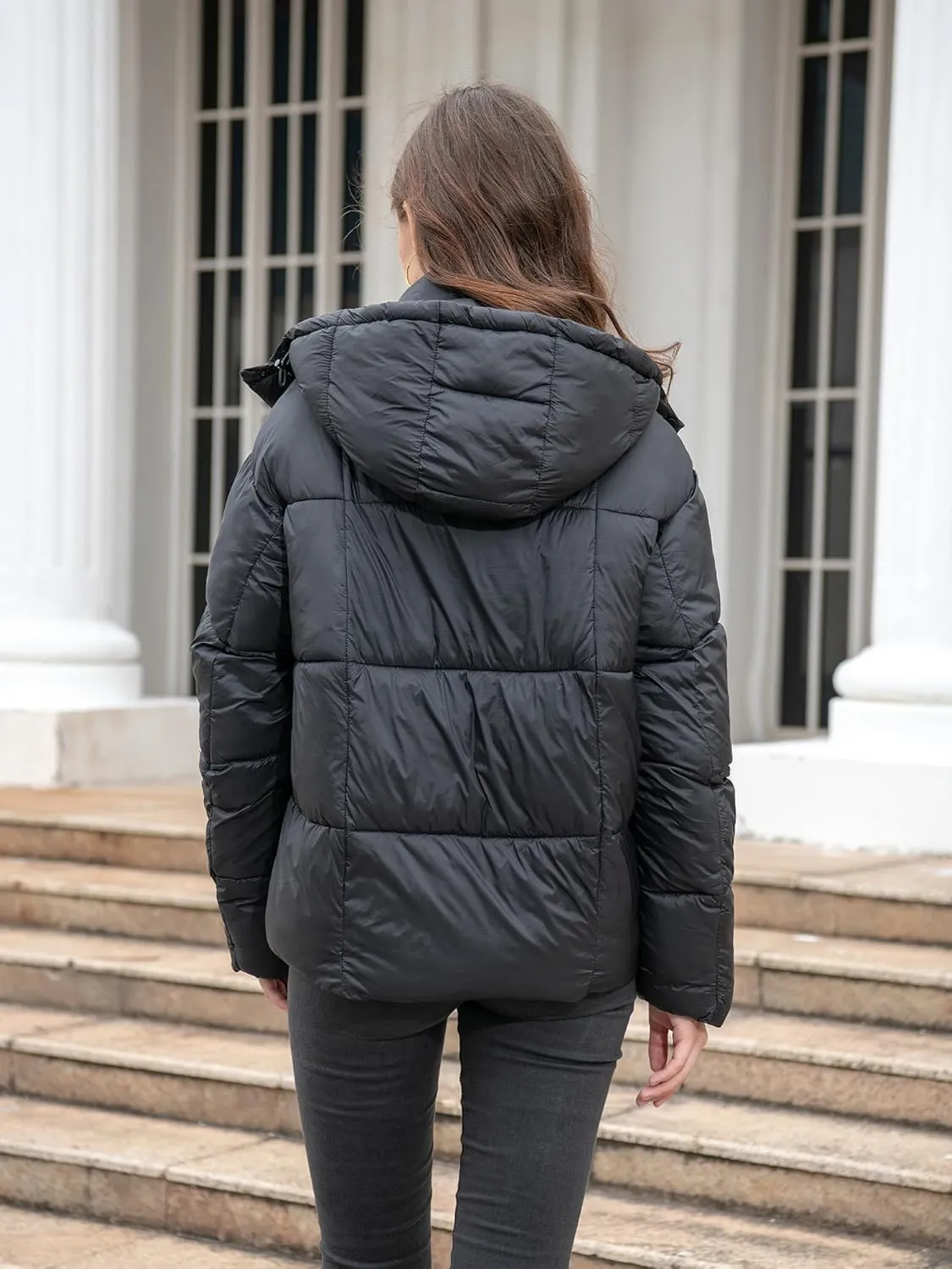 Women's Quilted Puffer Jacket Long Sleeve Full Zipper Winter Warm Padded Bubble Coat with Detachable Hood