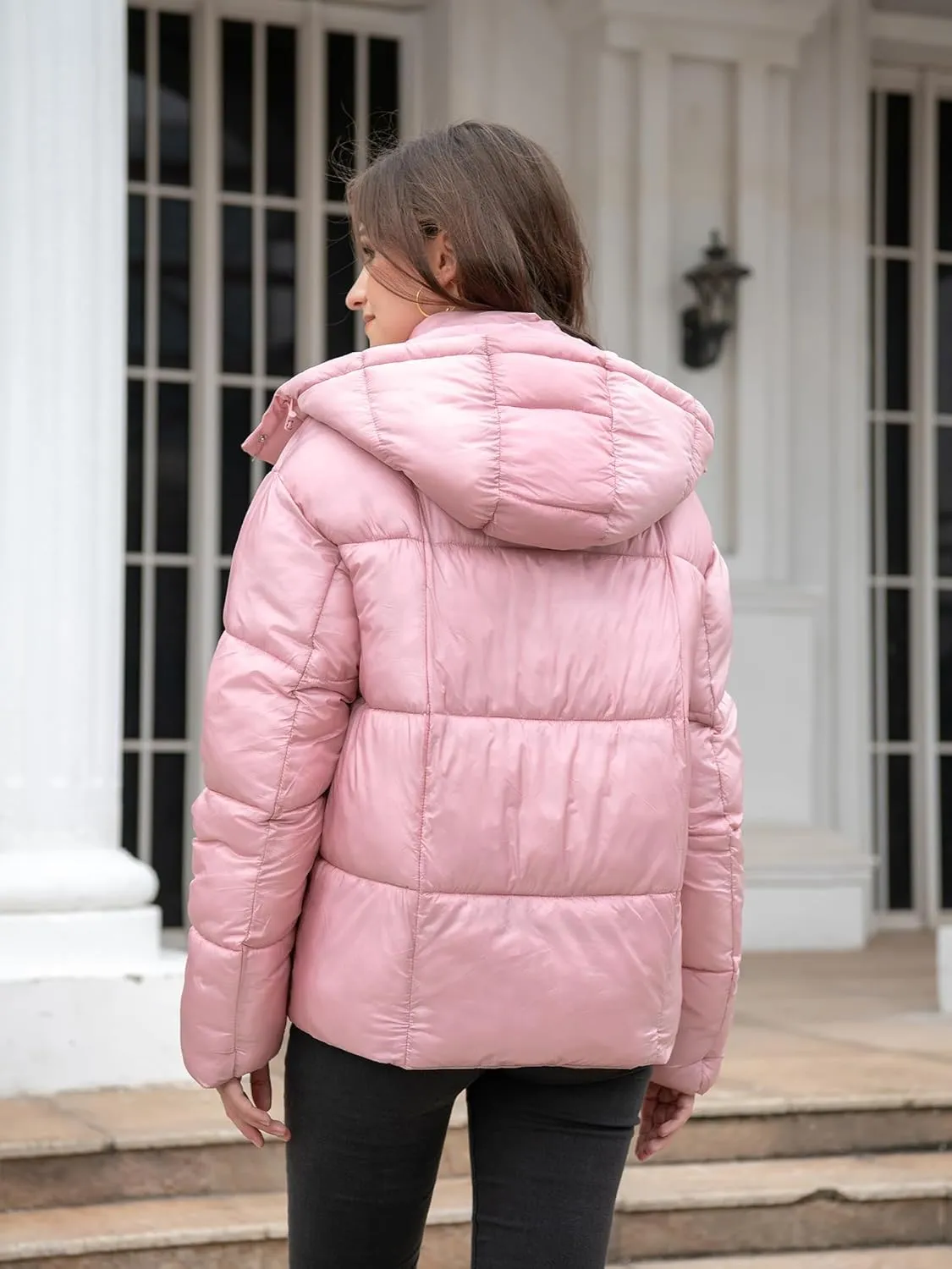 Women's Quilted Puffer Jacket Long Sleeve Full Zipper Winter Warm Padded Bubble Coat with Detachable Hood