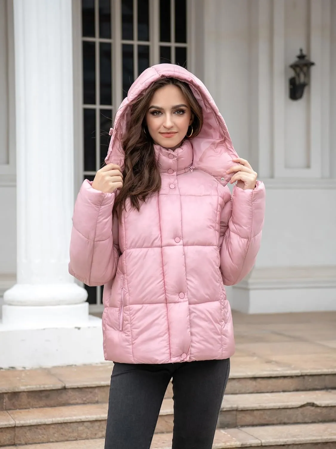 Women's Quilted Puffer Jacket Long Sleeve Full Zipper Winter Warm Padded Bubble Coat with Detachable Hood