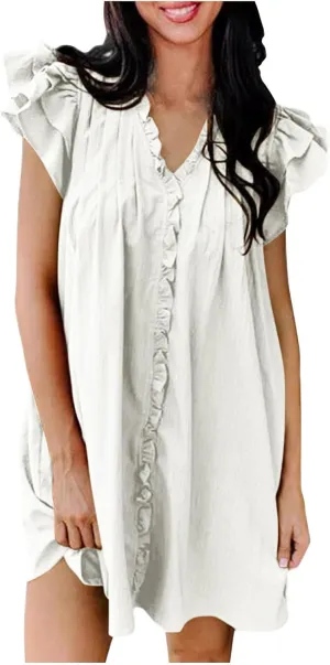 Women's Ruffle Flying Sleeve Babydoll Mini Dress Casual V Neck Pleated Short Dresses Flowy Boho Beach Sundress