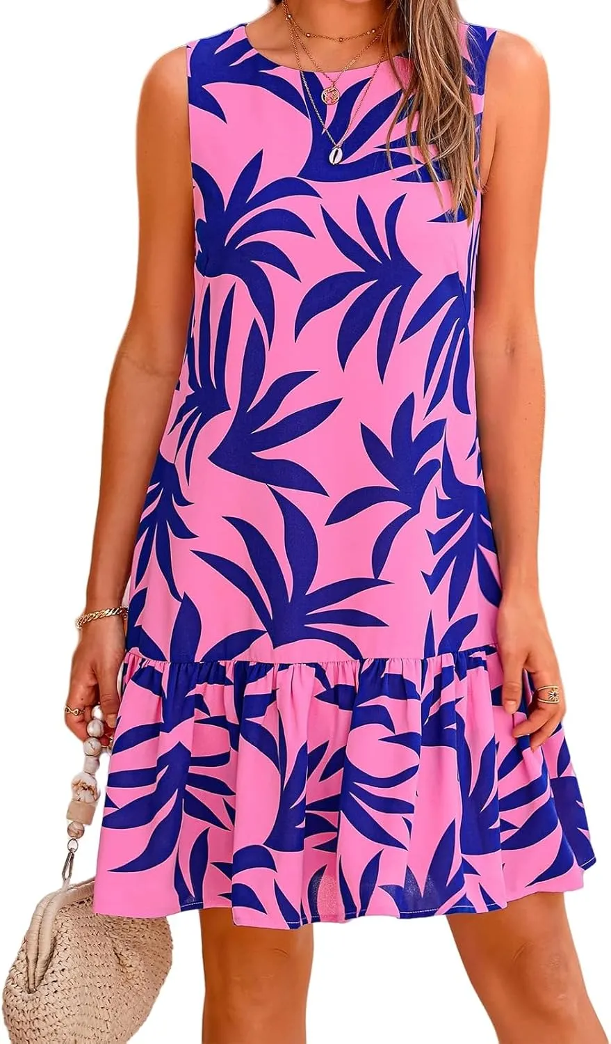 Womens Ruffle Hem Floral Mini Dress Sleeveless Backless Loose Summer Dress Crewneck Boho Beach Sundress