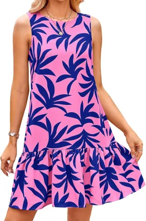 Womens Ruffle Hem Floral Mini Dress Sleeveless Backless Loose Summer Dress Crewneck Boho Beach Sundress