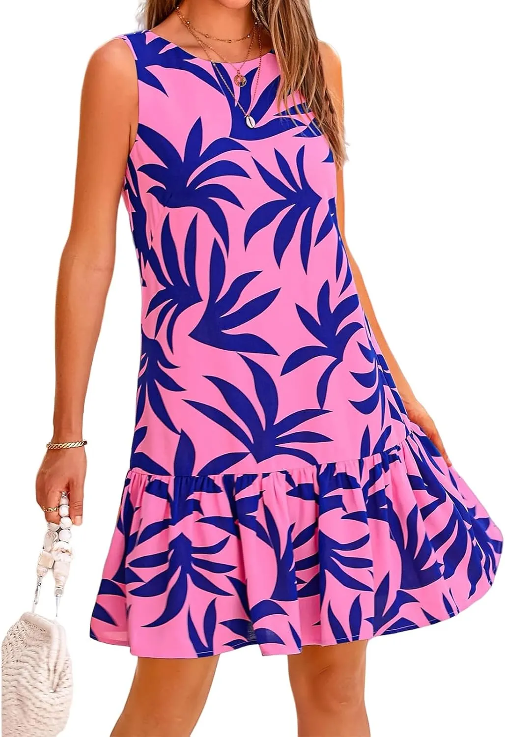 Womens Ruffle Hem Floral Mini Dress Sleeveless Backless Loose Summer Dress Crewneck Boho Beach Sundress