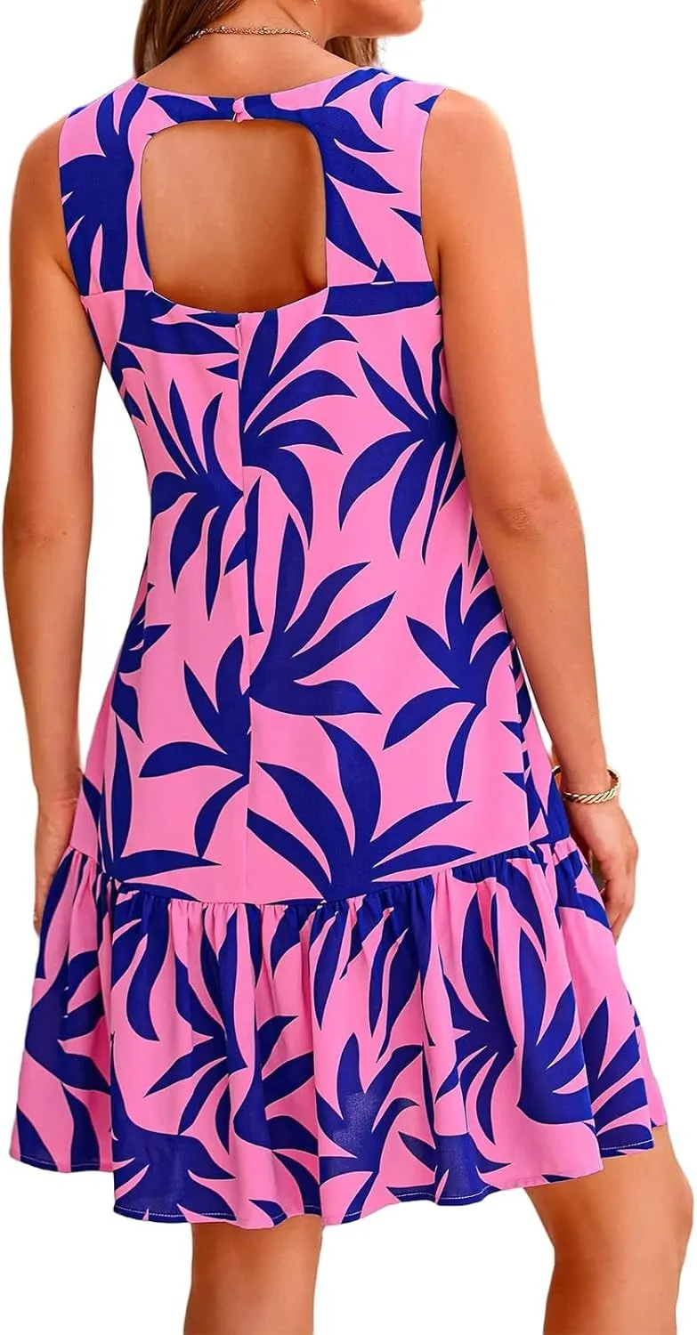 Womens Ruffle Hem Floral Mini Dress Sleeveless Backless Loose Summer Dress Crewneck Boho Beach Sundress