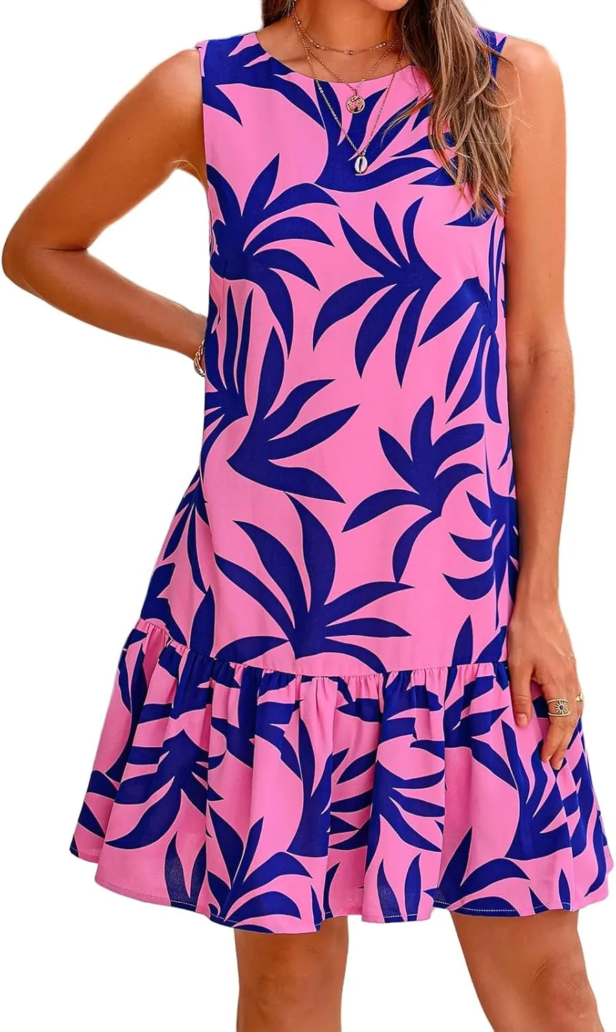 Womens Ruffle Hem Floral Mini Dress Sleeveless Backless Loose Summer Dress Crewneck Boho Beach Sundress