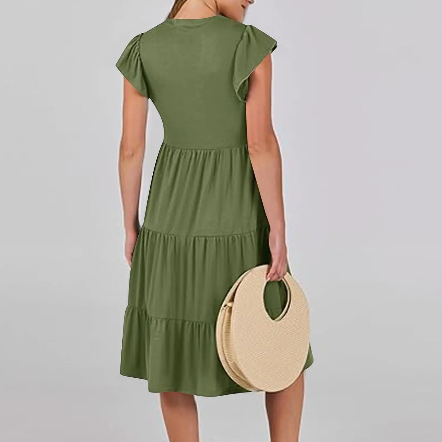 Women's Ruffle Short Sleeve Trendy Sun Dress Simple Solid Color Beach Dress Loose Casual Summer Dresses with Pockets