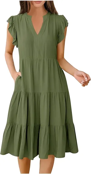 Women's Ruffle Short Sleeve Trendy Sun Dress Simple Solid Color Beach Dress Loose Casual Summer Dresses with Pockets