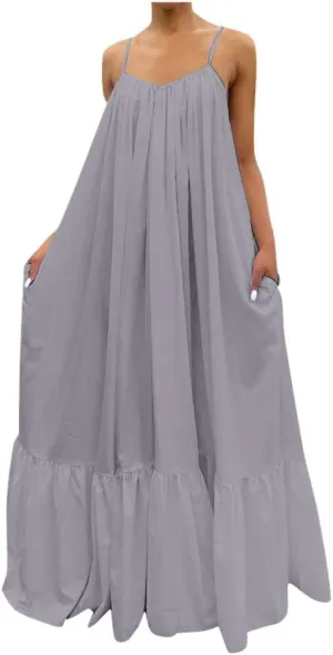 Womens Sexy Sleeveless Spaghetti Strap Dress Ruched Ruffle Hem Beach Sundress Loose Long Boho Maxi Swing Dresses