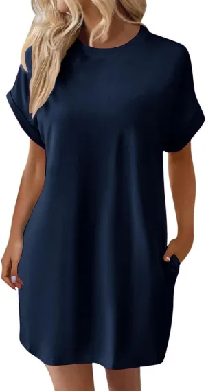 Womens Shirt Dress Summer Short Sleeve Tshirt Dress Beach Mini Sundress Crew Neck Loose Solid Color Nightgown