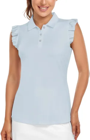 Womens Sleeveless Golf Shirt Ruffle Sleeve Polo Shirts Moisture Wicking Golf Apparel Tennis Shirts Golf Tank Tops