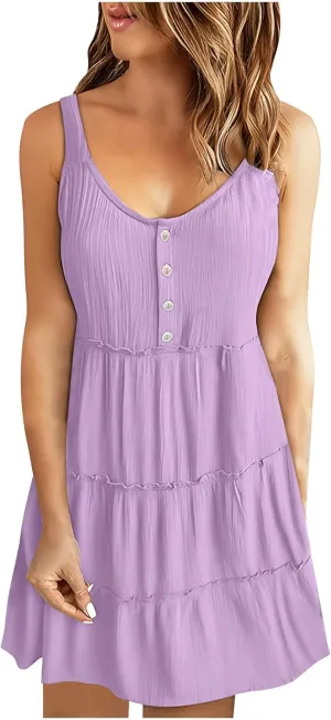Women's Sleeveless Mini Dress 2024 Casual U Neck Button Down High Waist Dresses Ruffle Tiered Flowy Beach Sundress