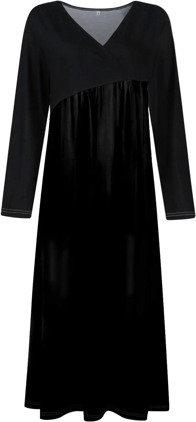 Womens Spring Dresses 2025 V Neck Midi Long Sleeve Modest Boho Flowy Vacation Cruise Western Dress
