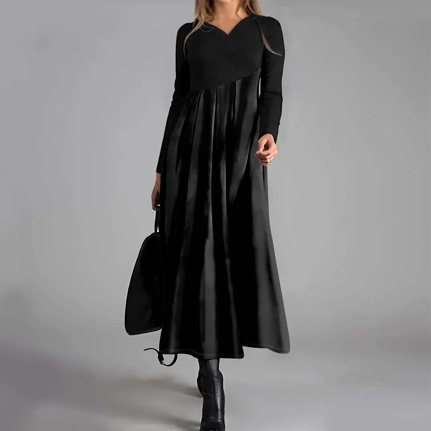 Womens Spring Dresses 2025 V Neck Midi Long Sleeve Modest Boho Flowy Vacation Cruise Western Dress