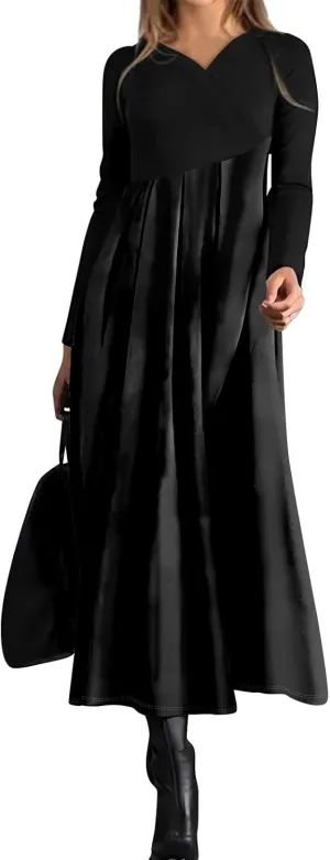 Womens Spring Dresses 2025 V Neck Midi Long Sleeve Modest Boho Flowy Vacation Cruise Western Dress