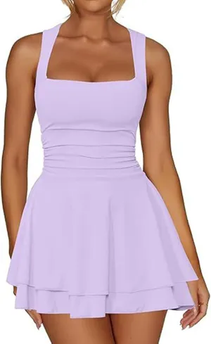 Women's Square Neck Sleeveless Mini Dress Ruched Waist Tiered Ruffle Hem A Line Short Dresses Summer Tank Slim Dress