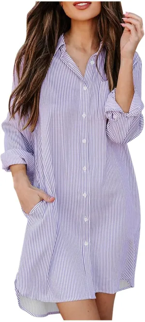 Womens Striped Button Down Midi Shirt Dress 2024 Fall Long Sleeve T Shirt Dress Fashion Casual Loose Travel Outfits
