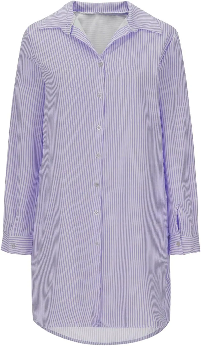 Womens Striped Button Down Midi Shirt Dress 2024 Fall Long Sleeve T Shirt Dress Fashion Casual Loose Travel Outfits