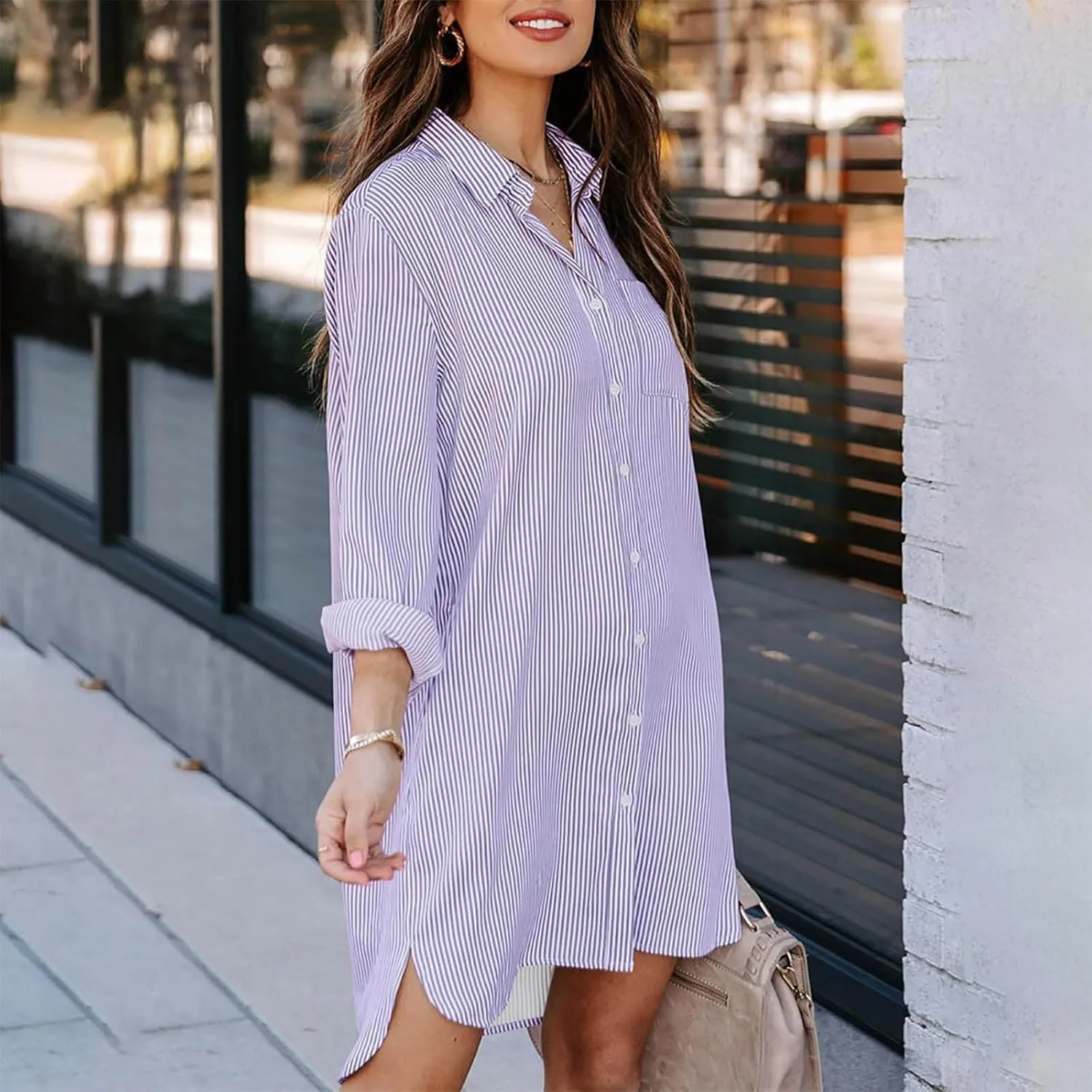 Womens Striped Button Down Midi Shirt Dress 2024 Fall Long Sleeve T Shirt Dress Fashion Casual Loose Travel Outfits