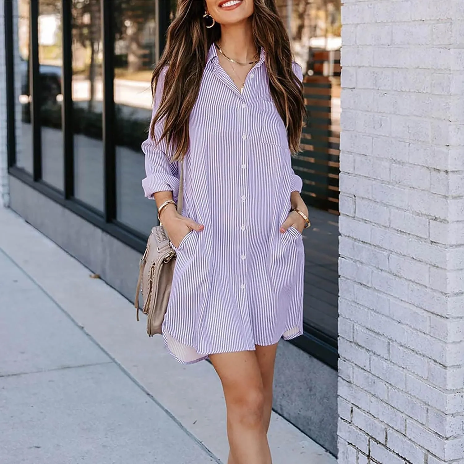 Womens Striped Button Down Midi Shirt Dress 2024 Fall Long Sleeve T Shirt Dress Fashion Casual Loose Travel Outfits