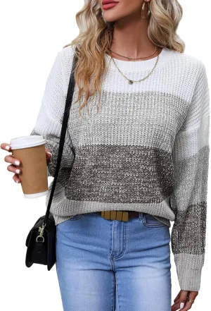 Women's Striped Color Block Sweater Long Sleeve Crewneck Casual Loose Fit Soft Knit Sweater Pullover Tops