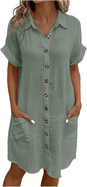 Womens Summer Button Down Shirt Dress Short Cap Sleeve Mini Dresses Loose Fit Casual Sundress with Pockets