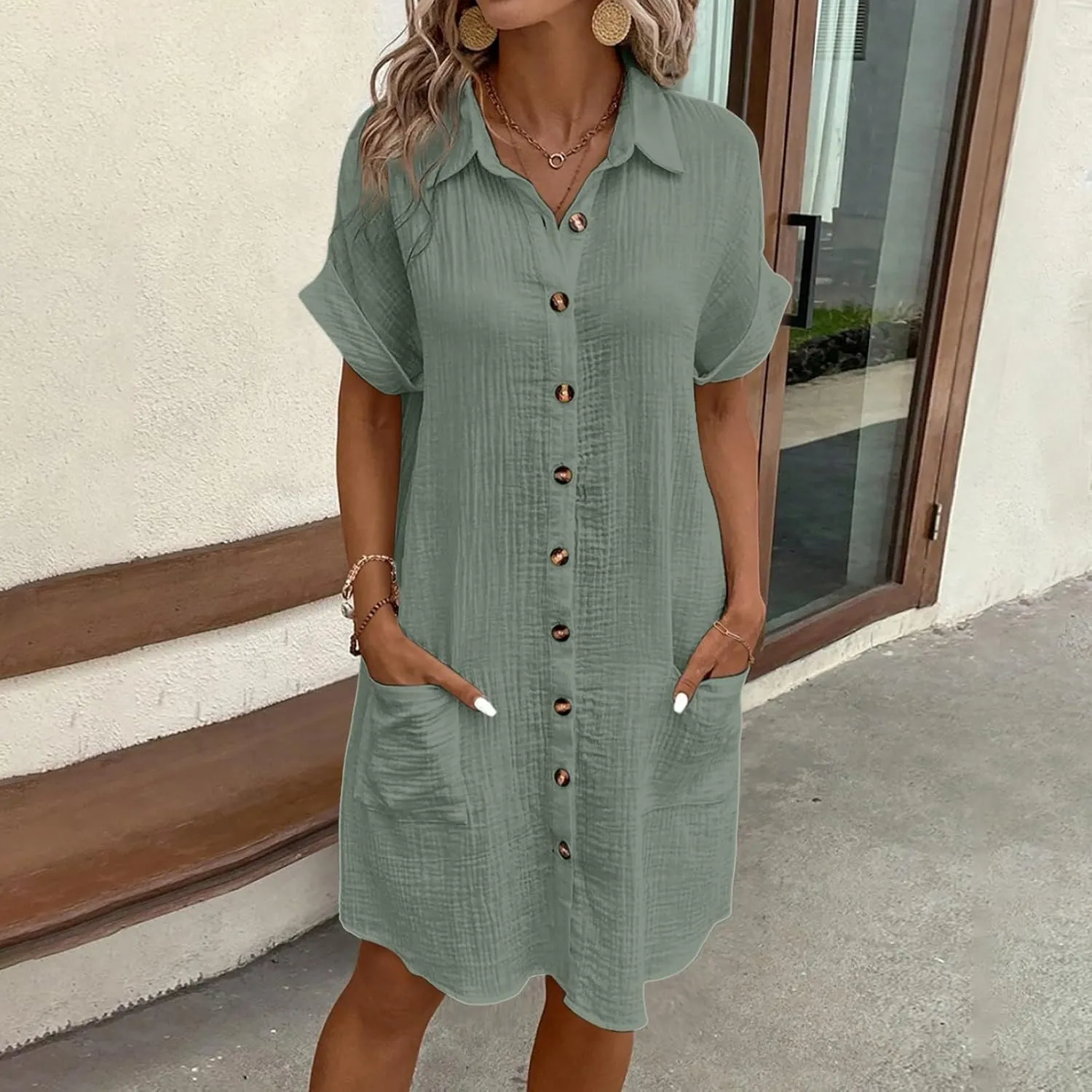 Womens Summer Button Down Shirt Dress Short Cap Sleeve Mini Dresses Loose Fit Casual Sundress with Pockets
