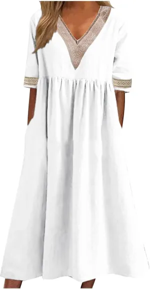 Women's Summer Casual Linen Dress Lace V Neck Half Sleeve A-Line Sundresses Pleated Flowy Loose Fit Midi Dresses
