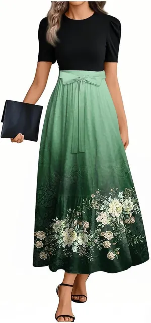 Womens Summer Casual Midi Dress Cowl Neck Short Sleeve Smocked High Waist A Line Wedding Guest